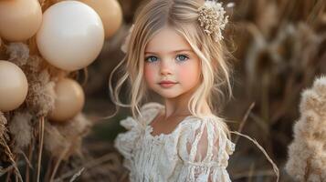 Sweet girl posing beside balloon arrangement in a warm autumn setting photo