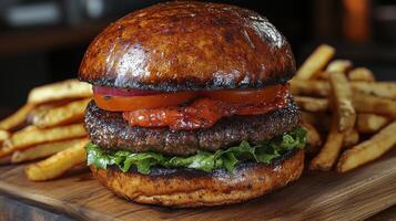 Delicious burger stacked with crispy onion rings and served with fries and barbecue sauce photo