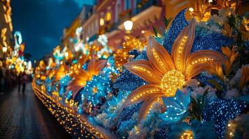 Colorful parade float adorned with vibrant flowers and lights during nighttime celebration photo