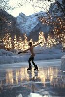Ice skater performs graceful routine at sunset on frozen lake during winter evening photo
