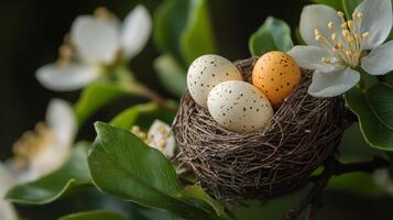 Nest of eggs surrounded by blooming flowers in a tranquil spring garden photo