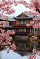 Cherry blossoms frame a tranquil pavilion by the lake in springtime photo