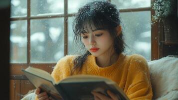 Cozy winter afternoon with a young woman reading by the window during snowfall photo