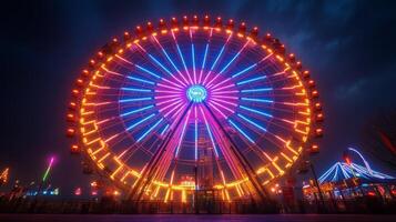 Colorful ferris wheel lights up the night sky at a local fairground photo