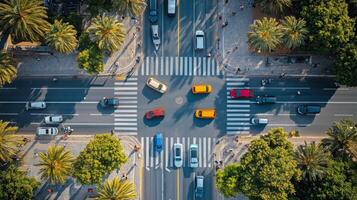 Busy city intersection illuminated by bright lights at night in urban landscape photo