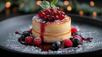 Delicious dessert with caramelized top and fresh berries served on black plate photo