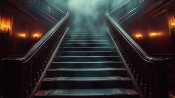 Dark stairway leads into mysterious blue haze in abandoned building at night photo
