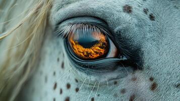 Close up view of a horses eye showcasing its unique features and natural beauty photo