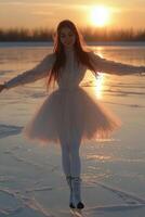 Ice skater performs graceful routine at sunset on frozen lake during winter evening photo