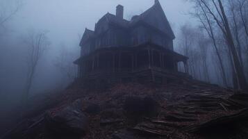 Eerie abandoned house surrounded by fog on a dark and misty evening photo