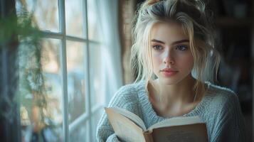 Cozy winter afternoon with a young woman reading by the window during snowfall photo