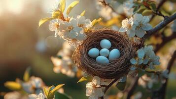 Nest of eggs surrounded by blooming flowers in a tranquil spring garden photo