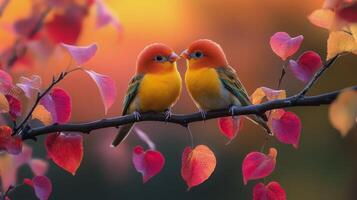 Colorful parrots perched on a branch during sunset in a warm, vibrant environment photo