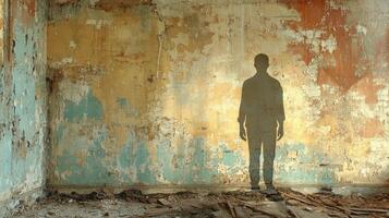 Silhouette of a person standing against a weathered wall in an abandoned building photo