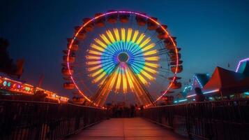 Colorful ferris wheel lights up the night sky at a local fairground photo