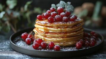 Delicious dessert with caramelized top and fresh berries served on black plate photo