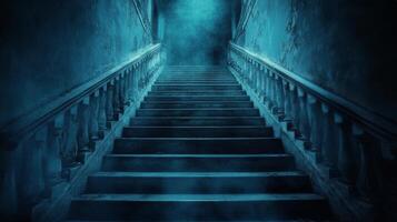 Dark stairway leads into mysterious blue haze in abandoned building at night photo