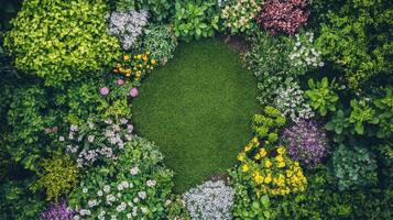Vibrant spring garden filled with blooming trees and shrubs in various colors photo