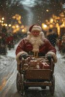 Santa Claus spreading joy in a festive winter market with snow and twinkling lights photo