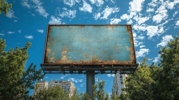 Urban landscape of a busy city street with modern architecture and large advertising board photo