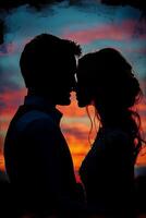 Romantic silhouette against a colorful sunset sky depicting love and connection between two people photo