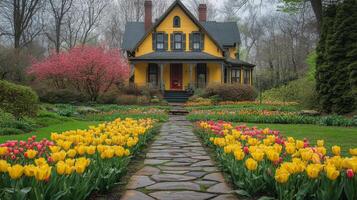 Beautiful spring garden with colorful tulips surrounding a charming countryside house photo