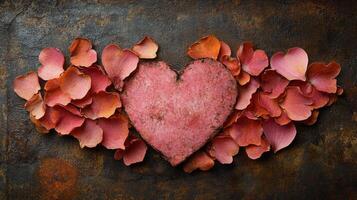 Decorative heart made of petals on textured surface arranged for romantic setting photo