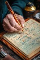 Handwritten notes are being taken in a vintage notebook with a fountain pen on a wooden table photo