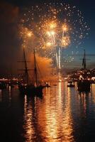Fireworks illuminate the night sky over a harbor with sailing ships at dusk photo