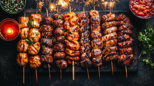 Delicious array of meats and appetizers displayed on a dining table for a festive gathering photo