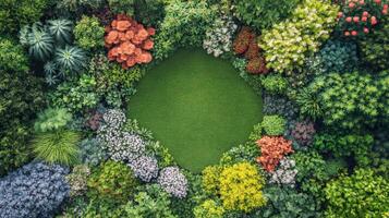 Vibrant spring garden filled with blooming trees and shrubs in various colors photo