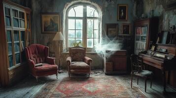 Abandoned room with vintage furniture and web near window in an old house photo