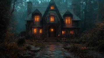 Enchanted forest cottage illuminated by warm lights in a magical evening setting photo