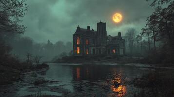 Mysterious old mansion by the lake during sunset with eerie reflections photo