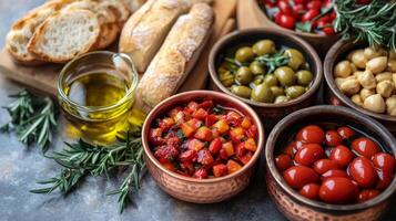 Colorful assortment of traditional dips served in copper bowls with bread photo