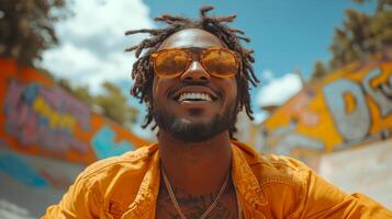 Smiling young man with glasses enjoys bright day in urban art backdrop photo