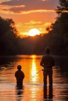 Father and son enjoy fishing at sunset on a serene river photo