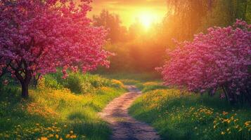 Serene pathway through a blooming forest with white flowers and lush greenery photo