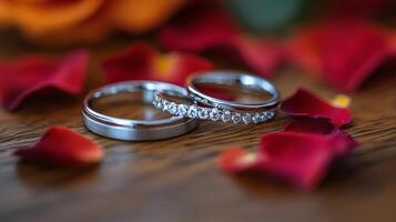 Beautiful wedding rings resting on a soft surface surrounded by rose petals in warm light photo