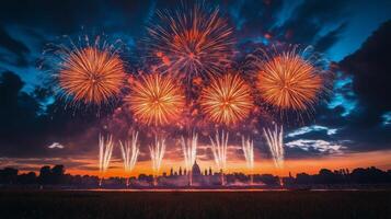 Fireworks display over calm lake at sunset creates a stunning visual spectacle photo