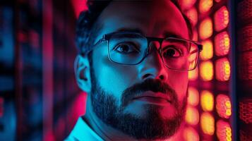 Technician working in data center surrounded by colorful server lights photo
