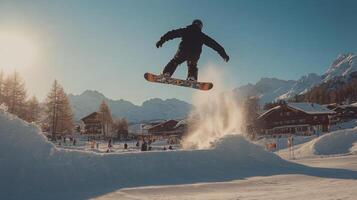 Snowboarder performs a jump in bright sunlight at a winter resort in the Alps photo