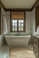 Elegant bathroom design featuring modern bathtub and stylish lighting in a serene setting photo