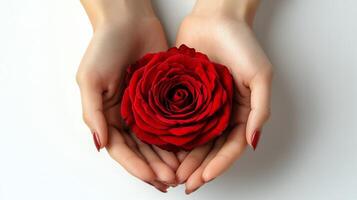 Hands gently cradling a vibrant red rose with manicured nails in soft light photo