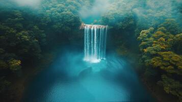 Stunning waterfall plunges into a calm blue pool amid lush tropical greenery photo
