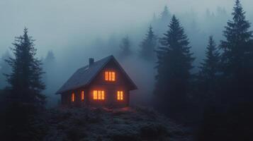 Enchanted forest cottage illuminated by warm lights in a magical evening setting photo