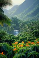 Lush tropical landscape featuring waterfall amidst vibrant greenery and distant mountains photo