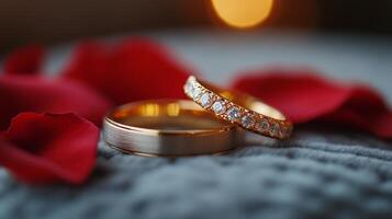 Beautiful wedding rings resting on a soft surface surrounded by rose petals in warm light photo