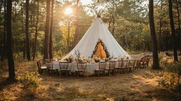 Elegant outdoor dining setup beneath the trees at dusk for a special celebration photo