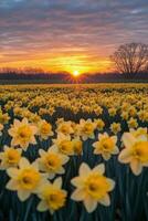 Vibrant daffodil field at sunset showcasing natures beauty and tranquility photo